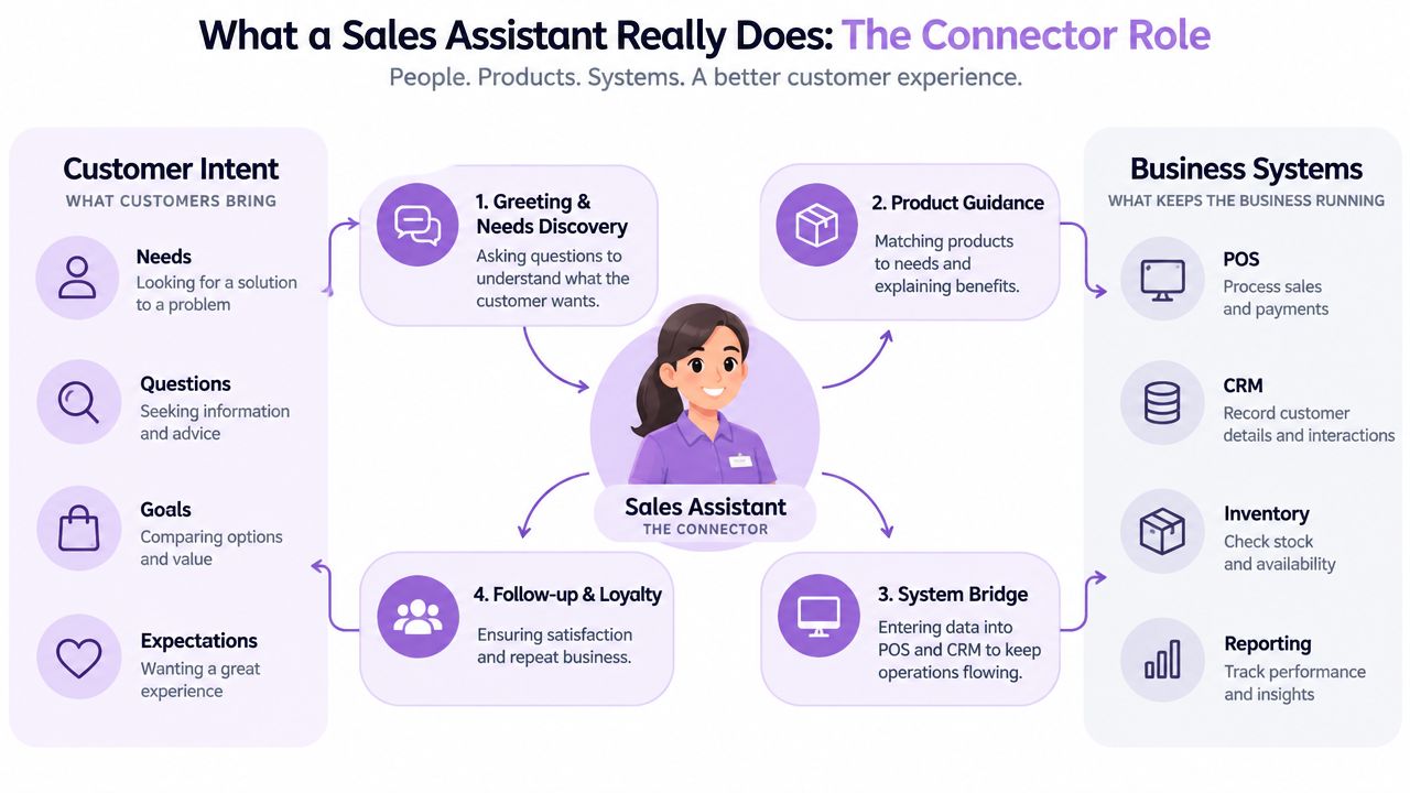 A diagram illustrating the core connector role of a sales assistant between customer intent and business systems.