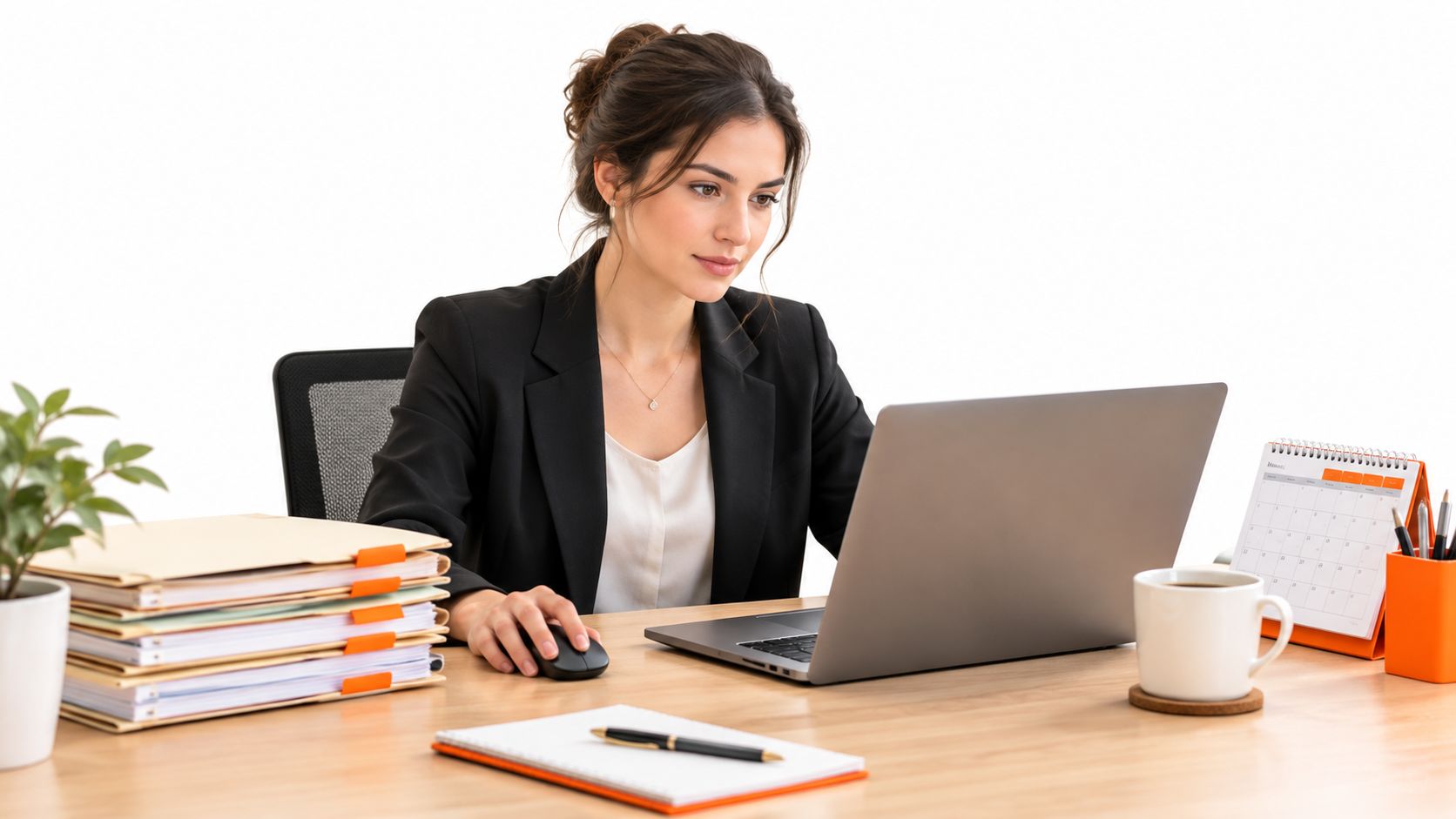 A professional woman in a black blazer working on a laptop at her organized office desk.