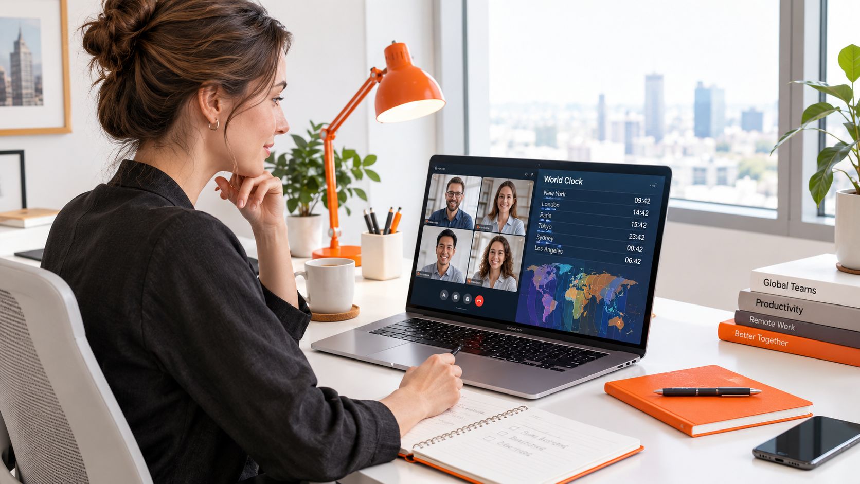 A professional woman working on a laptop displaying a world clock and video conference in her office.