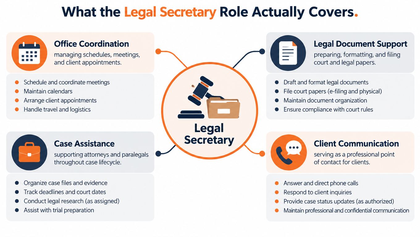 An infographic detailing the core job responsibilities of a legal secretary, including office coordination, document support, case assistance, and client communication.