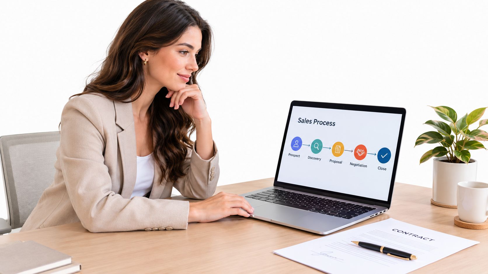 A professional woman in a blazer reviewing a sales process diagram on her laptop at an office desk.