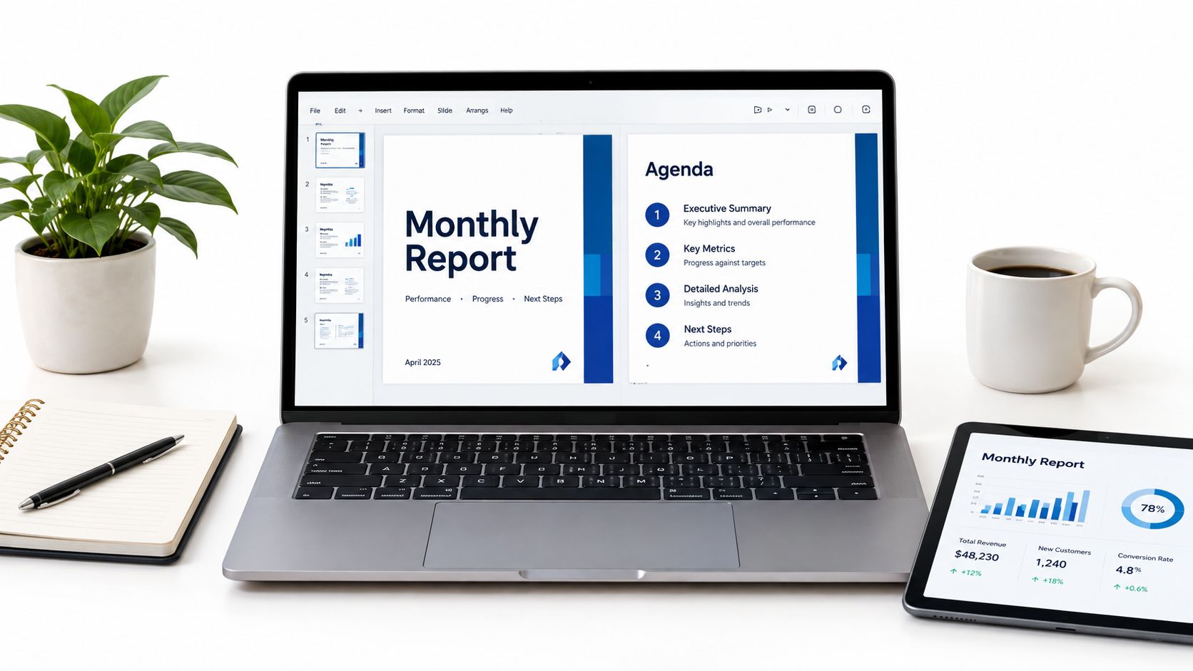 A professional workspace setup featuring a laptop displaying a presentation, a tablet with performance data, and a plant.