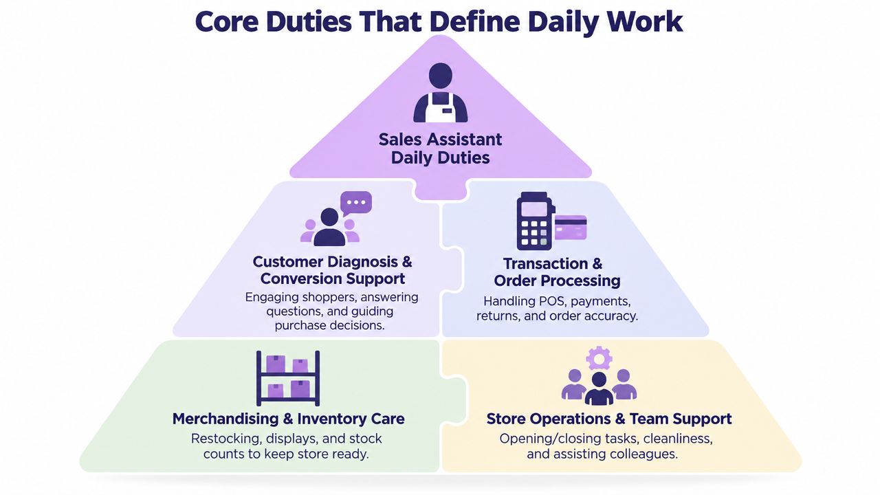 A diagram illustrating the core daily duties of a retail sales assistant categorized into four key areas.