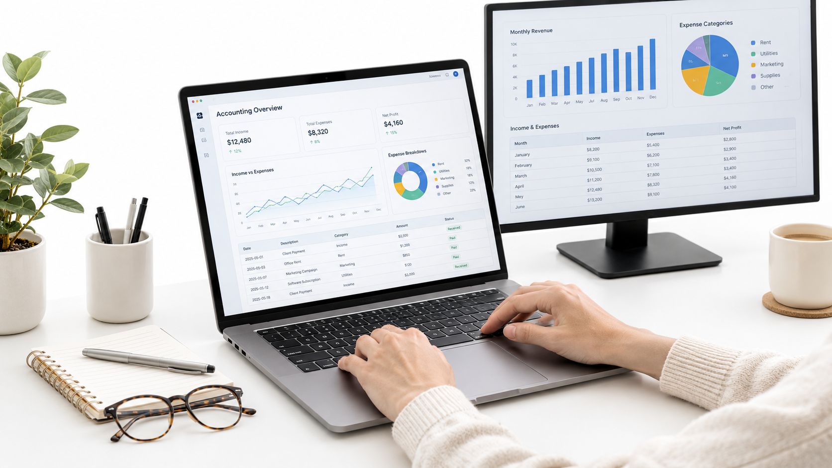 A person working at a desk on a laptop displaying financial accounting charts and data dashboards.