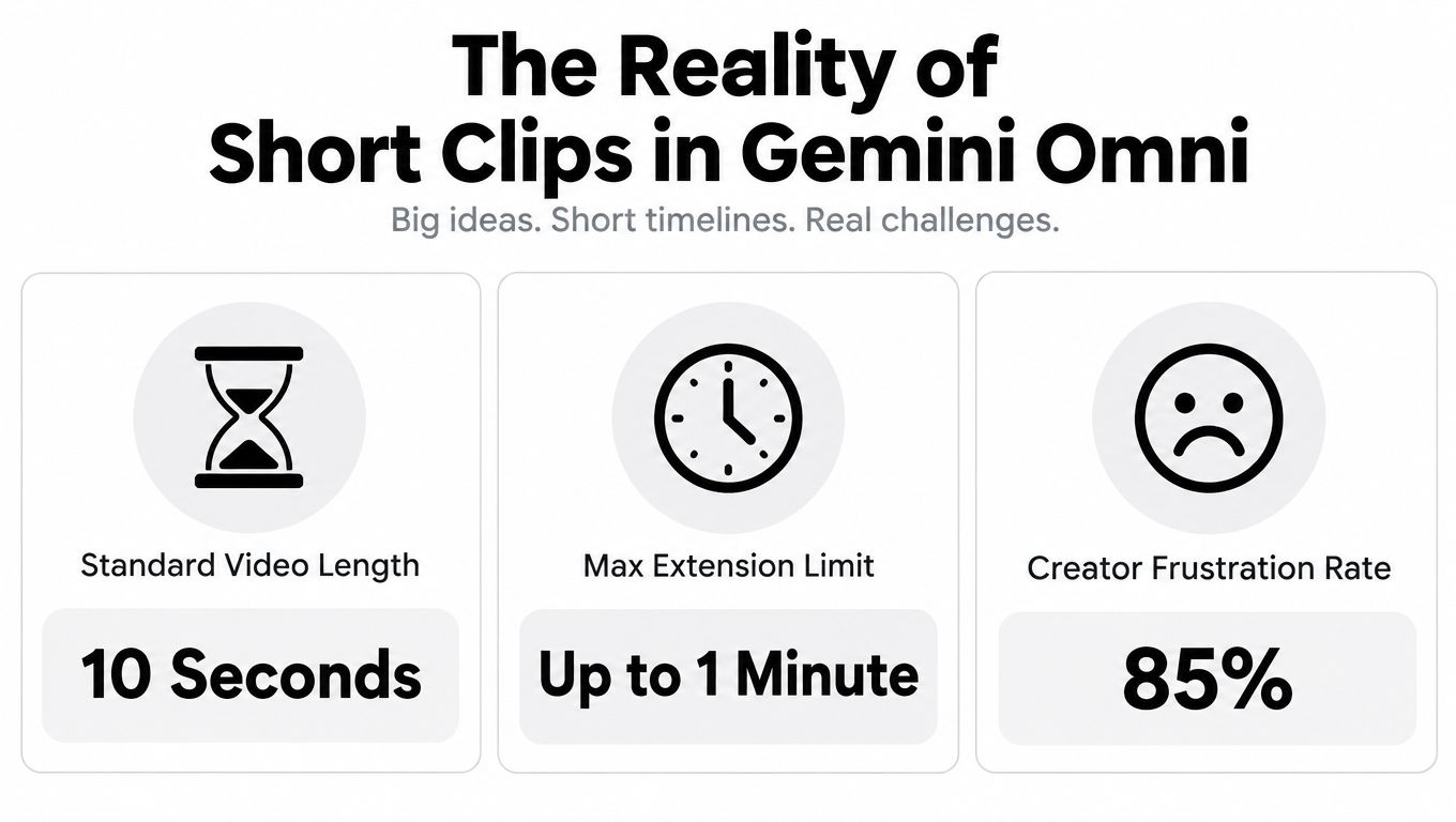 An infographic titled The Reality of Short Clips in Gemini Omni showing 10 seconds, 1 minute, and 85%.