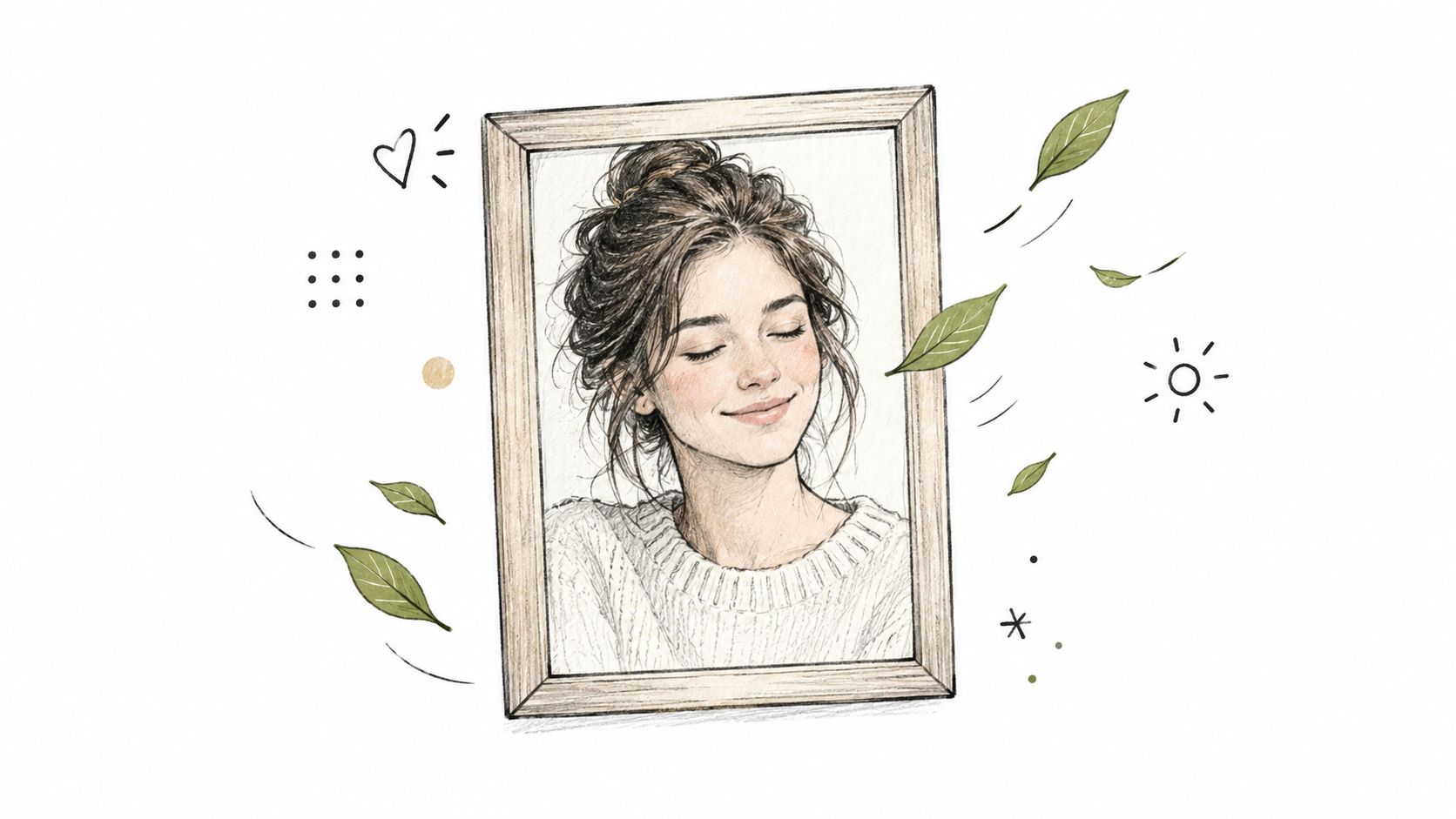 A pencil sketch of a smiling woman with a messy bun inside a wooden picture frame