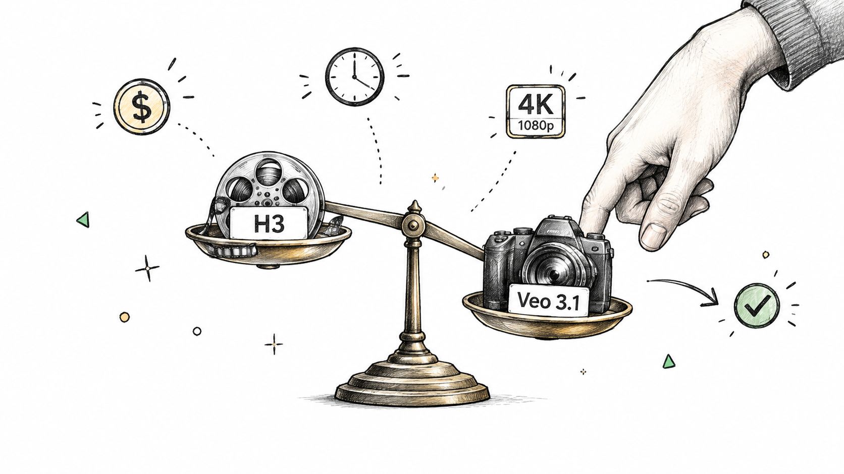 A hand balances a film reel labeled H3 against a digital camera labeled Veo 3.1 on scales.