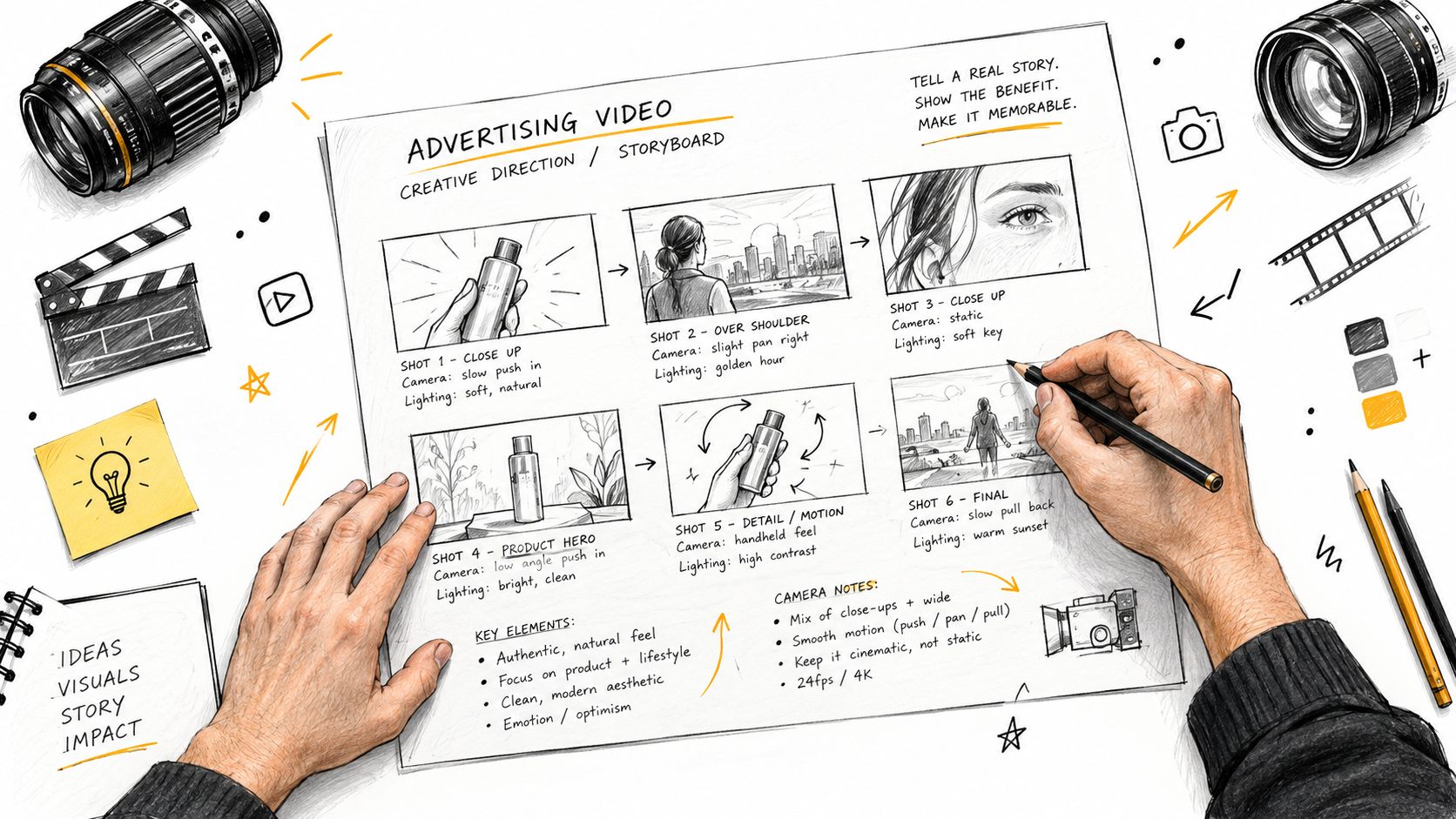 A hand drawing a storyboard for an advertising video on a paper sheet surrounded by filmmaking equipment.