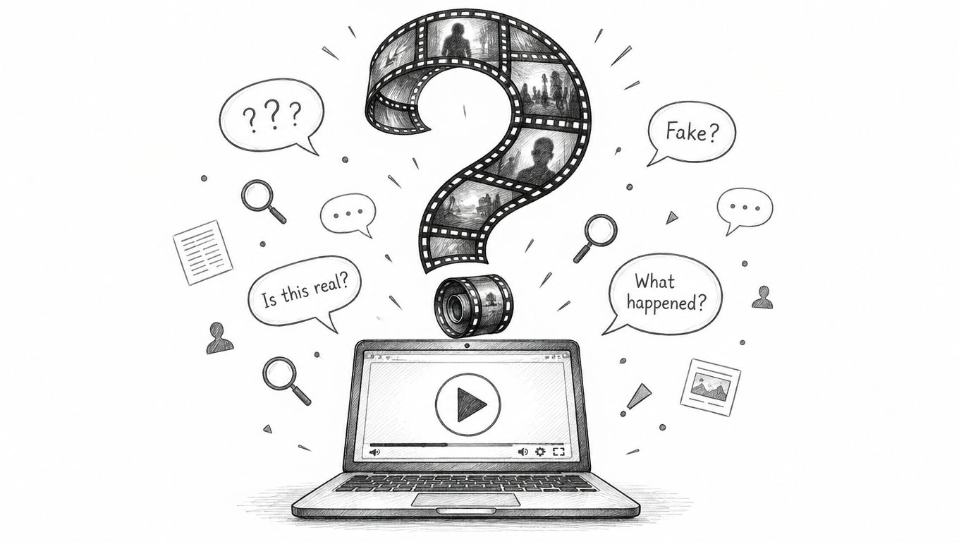 A black and white sketch of a laptop featuring a film strip shaped as a question mark.