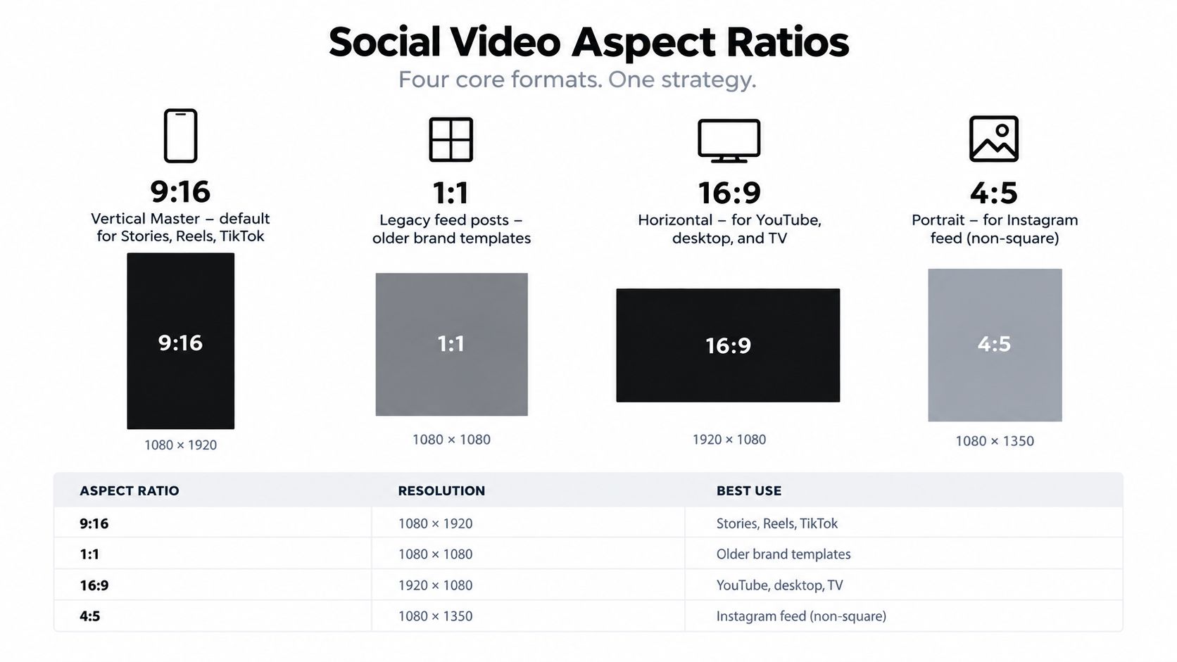 A chart showing four core social media video aspect ratios with their corresponding pixel resolutions and use cases.