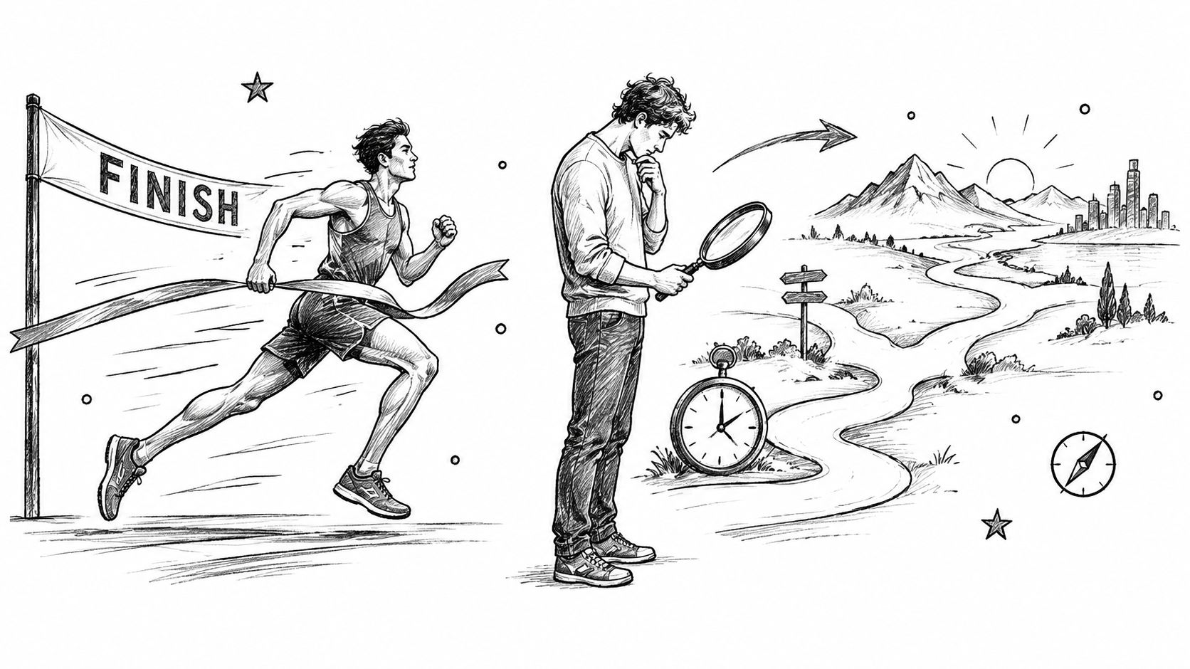 A conceptual sketch comparing a person crossing a finish line with another planning a long journey.