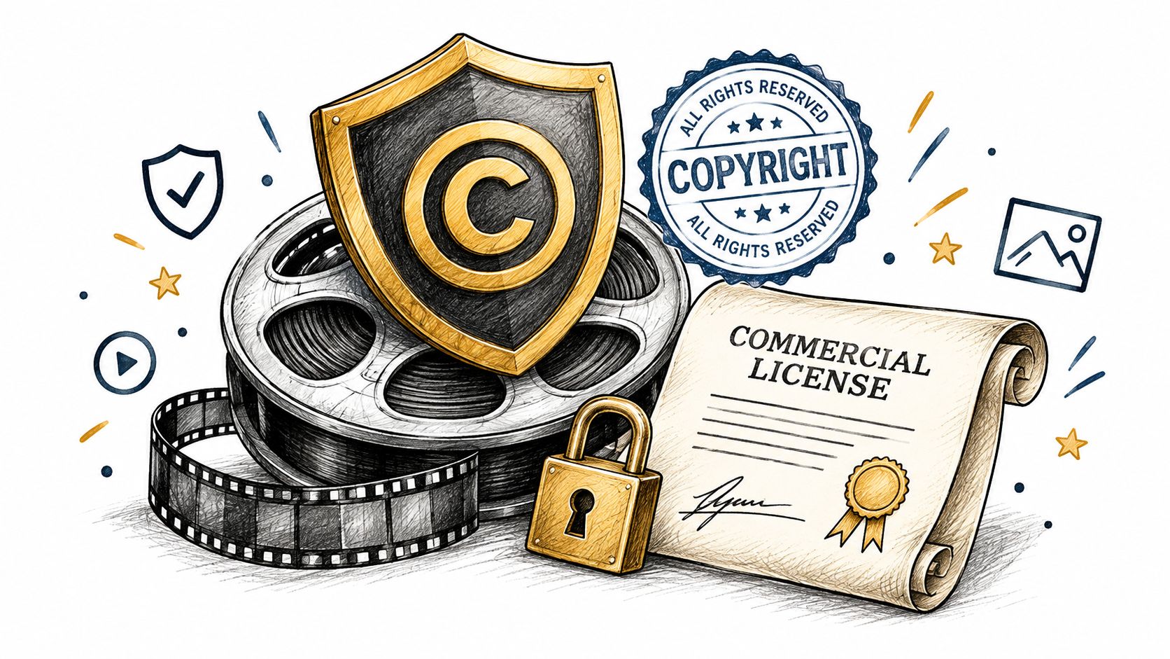 A digital illustration featuring a film reel with a copyright shield, a commercial license document, and a padlock.