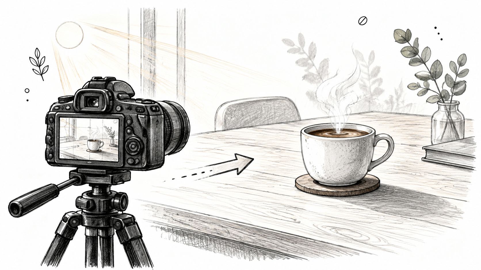 A camera on a tripod capturing a steaming cup of coffee placed on a rustic wooden table.