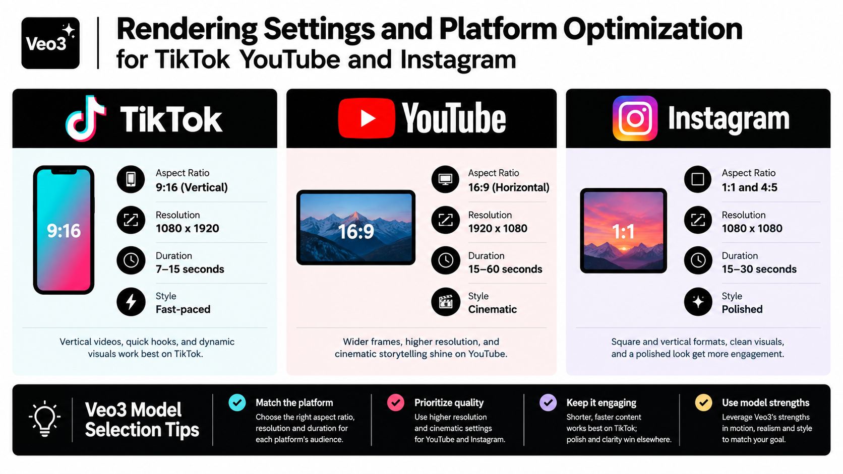 An infographic detailing optimal rendering settings for AI-generated video content on TikTok, YouTube, and Instagram platforms.