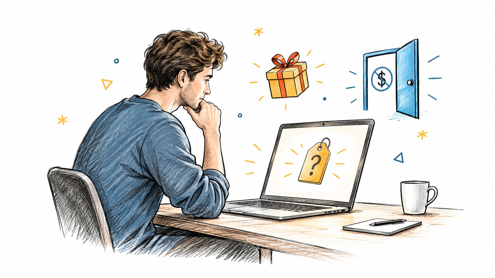 A man thoughtfully looking at a laptop screen displaying a question mark on a price tag icon.