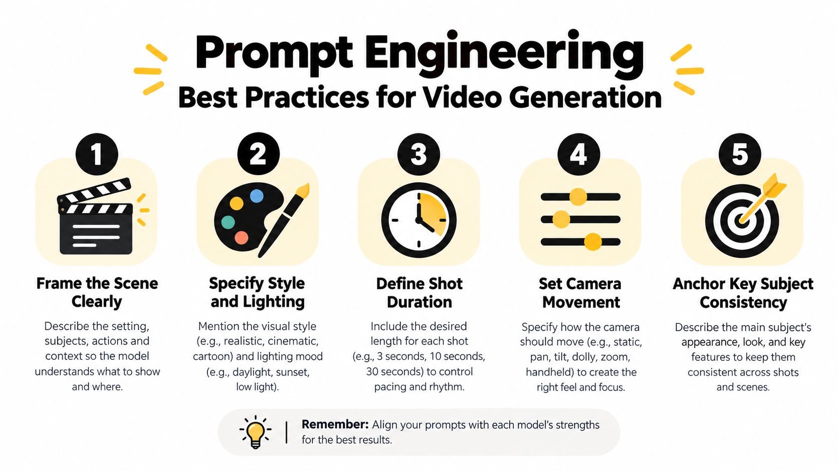An infographic detailing five best practices for engineering prompts in AI-powered video generation software.