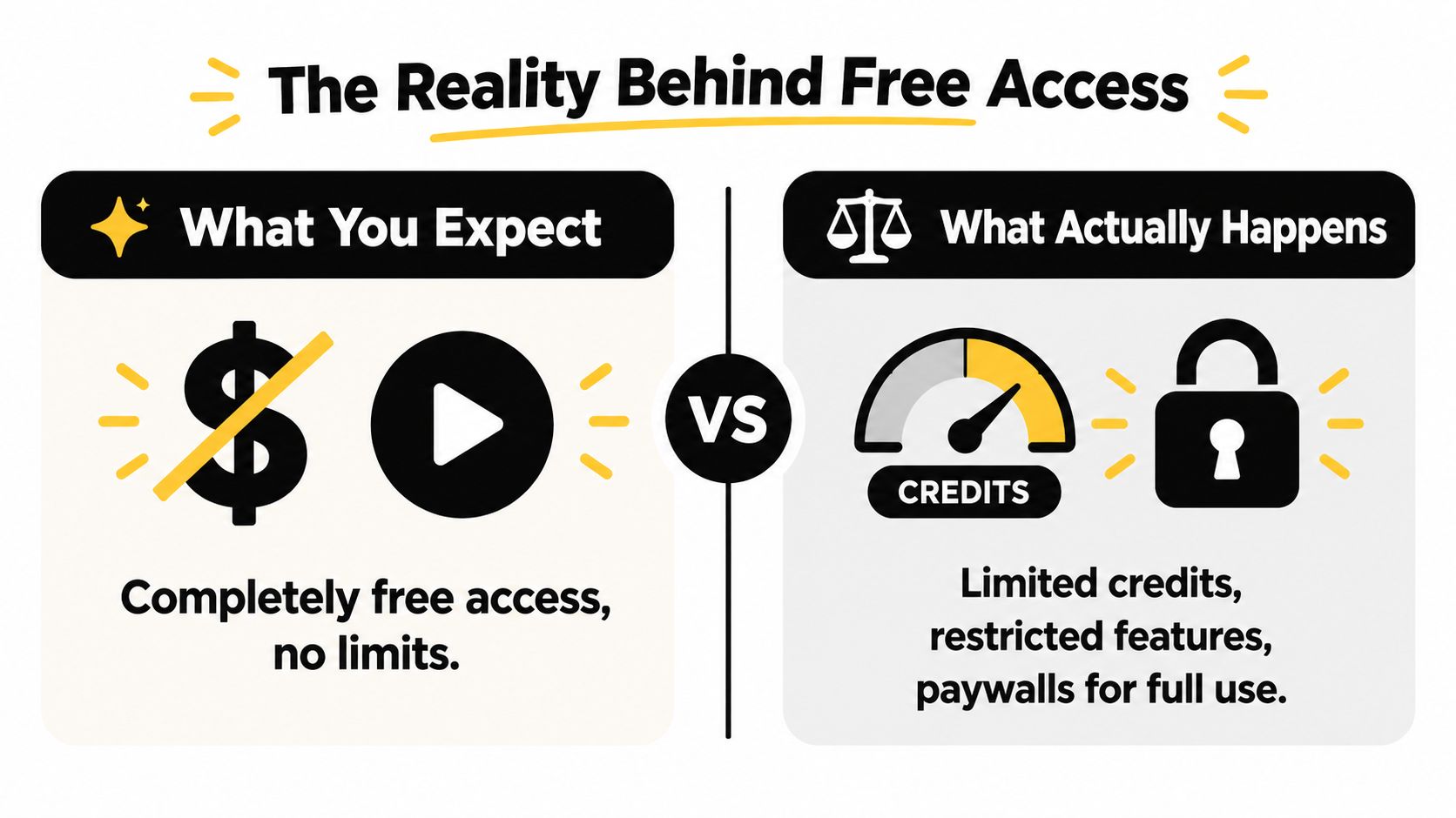 A comparison graphic showing the difference between expectations of free access and the reality of limited features.