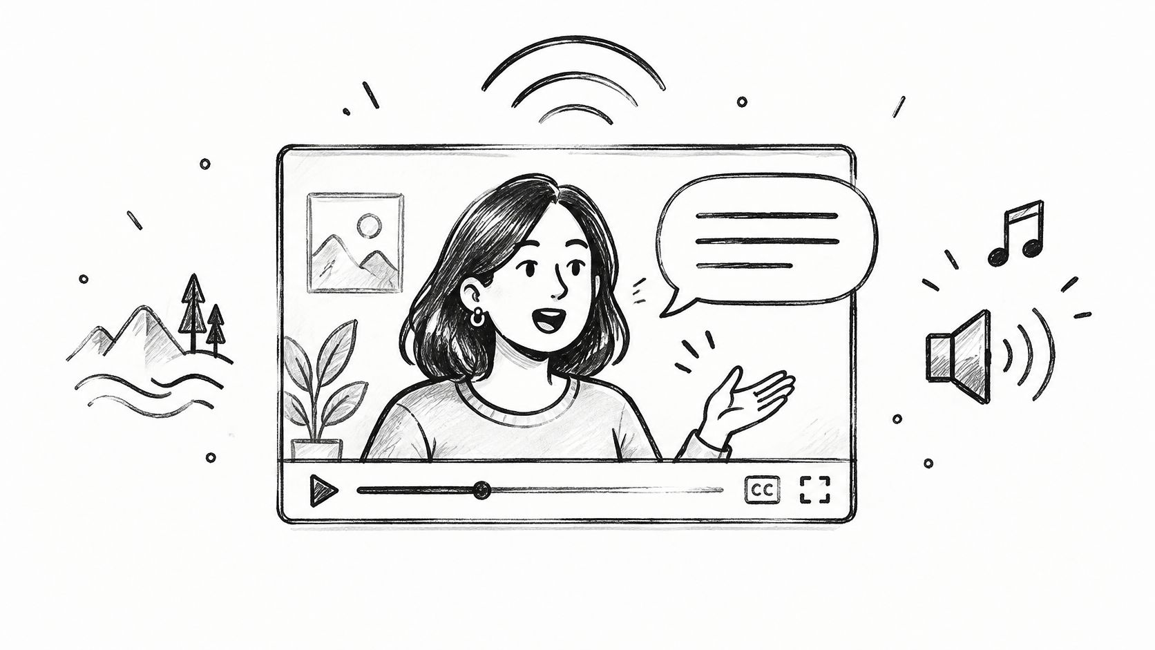 A hand-drawn sketch of a person speaking inside a digital video player interface with subtitles.