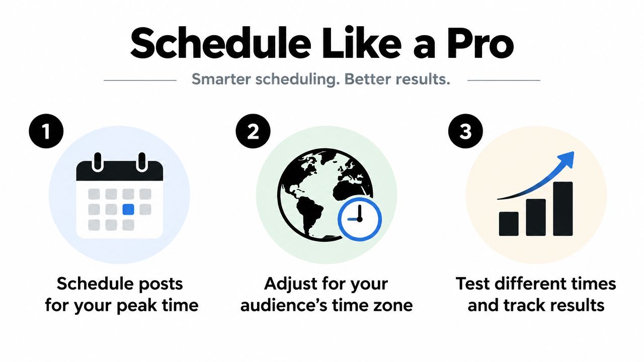 A graphic illustration showing three steps to optimize social media content scheduling for better performance results.