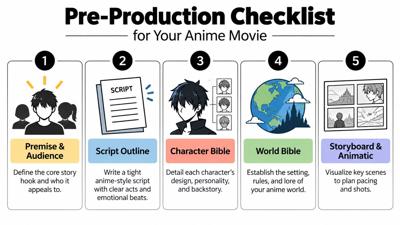 A five-step pre-production checklist infographic for planning and developing an original anime movie project.