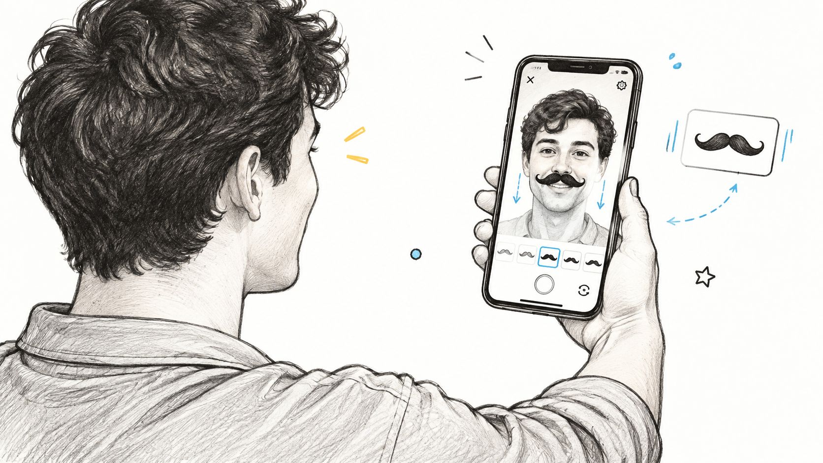 A hand-drawn illustration of a man using a smartphone app to virtually add a moustache to his selfie.