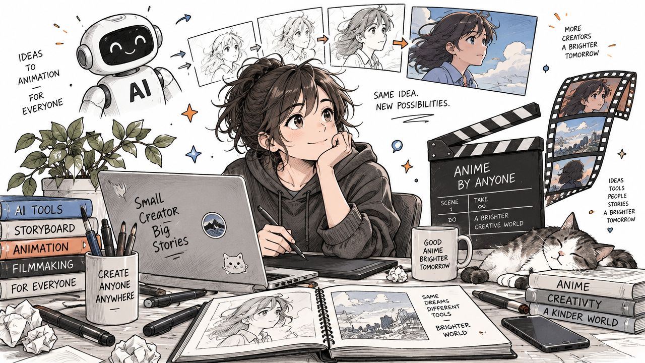An anime-style young artist drawing on a tablet with AI tools to create animation in a workspace.