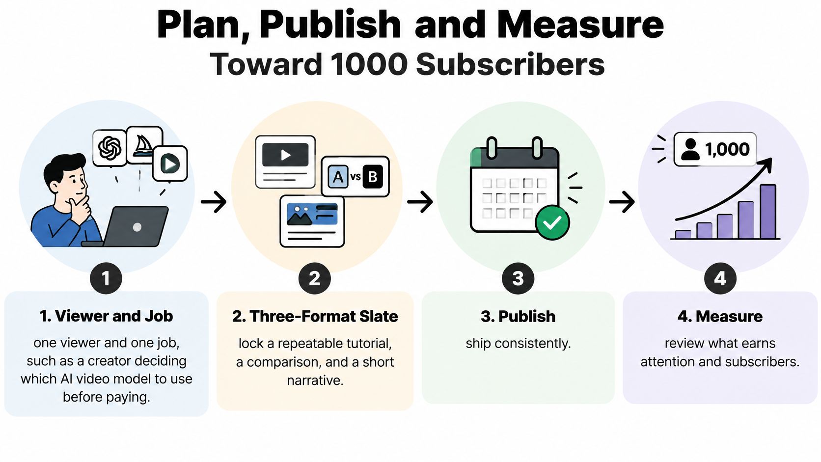 A four-step infographic illustrating a strategic plan to grow to 1000 YouTube channel subscribers successfully.