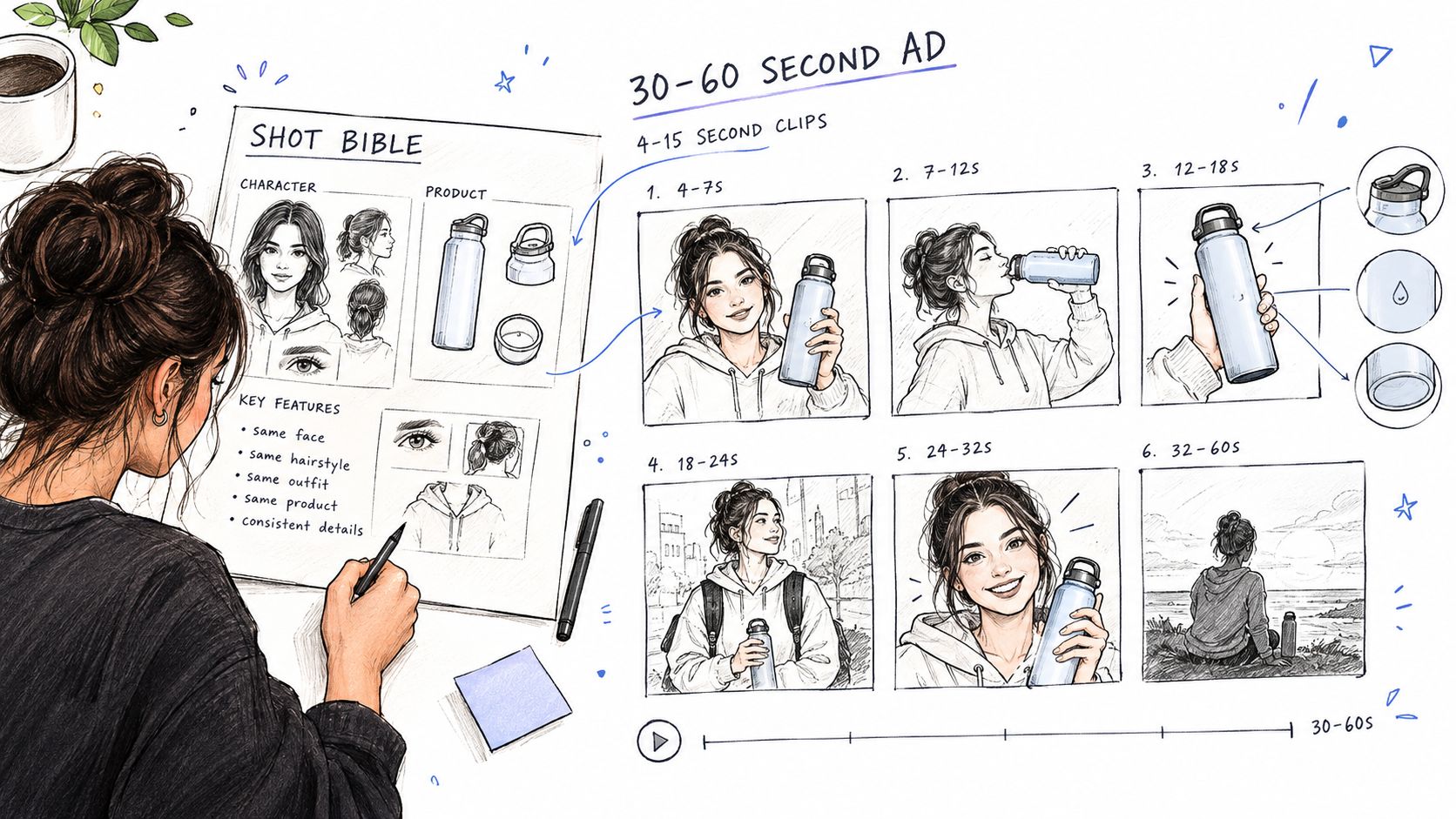 An artist drawing a storyboard for a 30-60 second advertisement featuring a character and a water bottle.