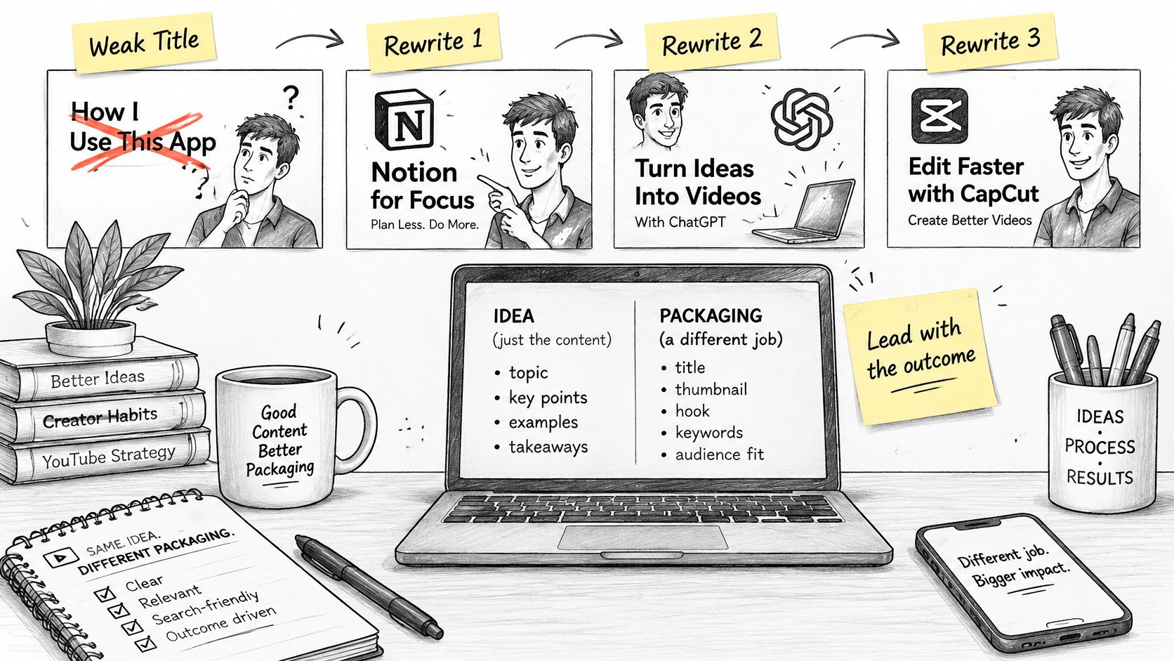 A hand-drawn illustration showing how to improve YouTube video titles by focusing on user outcomes.