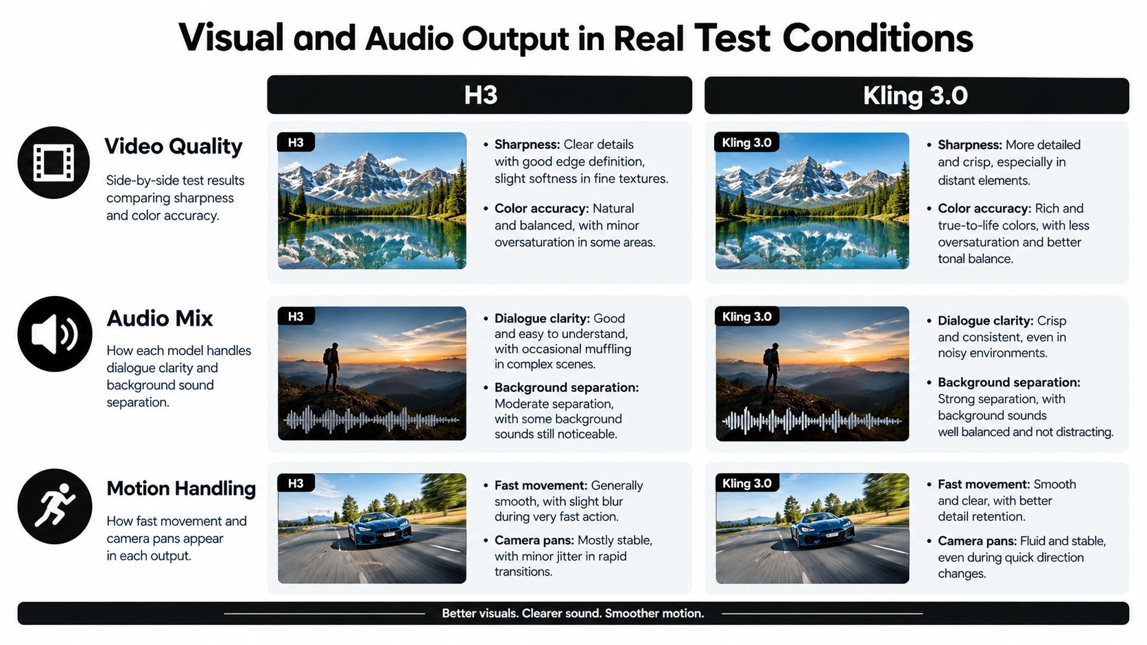 A comparison chart showing Minimax H3 versus Kling 3.0 performance in video quality, audio mix, and motion handling.