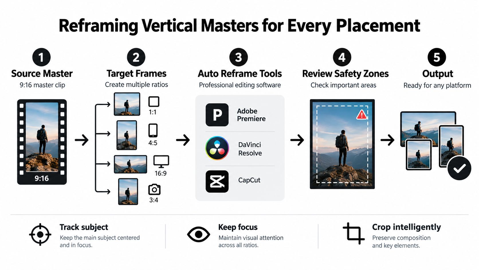 A five-step infographic showing how to reframe vertical 9:16 master video clips for various platform aspect ratios.