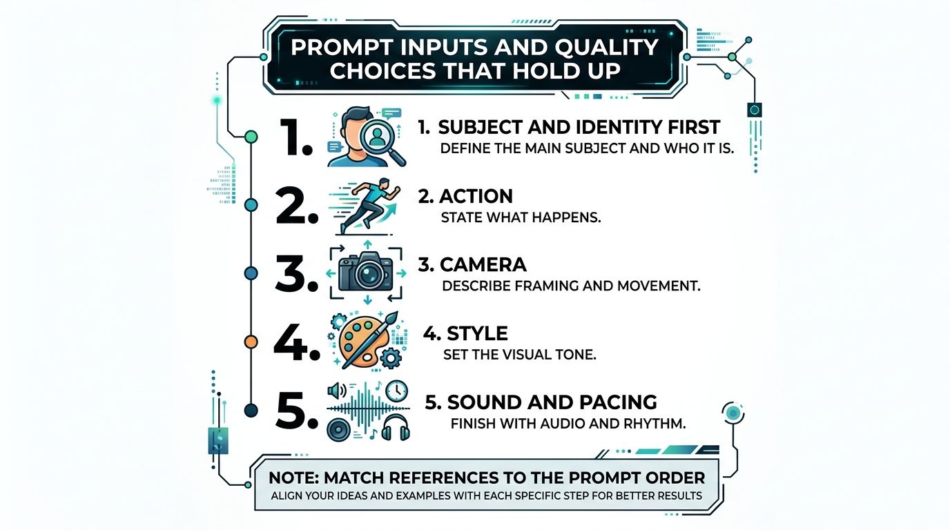 An infographic titled Prompt Inputs and Quality Choices showing five numbered steps for AI video generation.