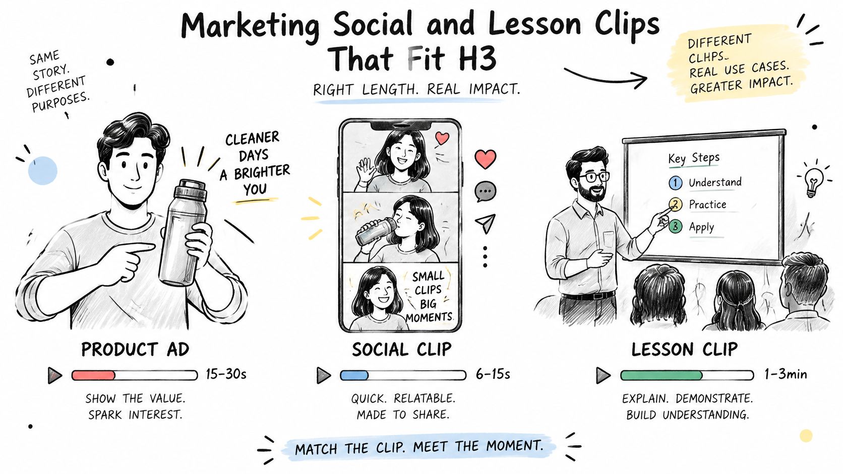 An infographic showing how to create marketing social and lesson video clips for H3 purposes.