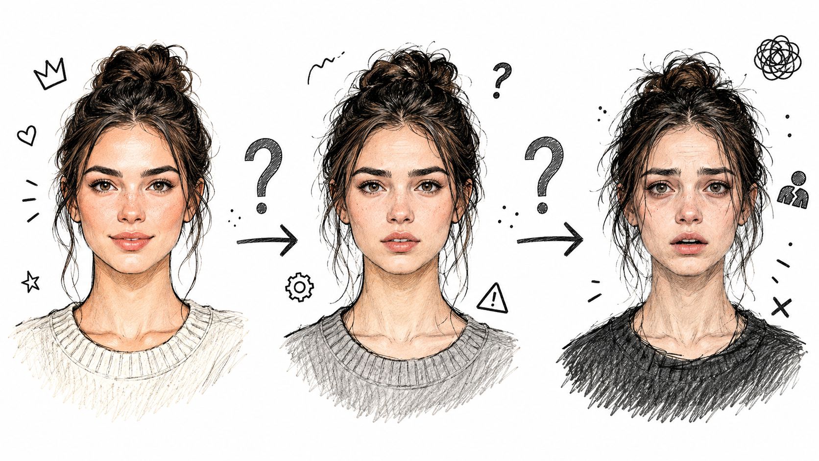 An illustration showing a woman's changing emotional state from happy to neutral to distressed over time.