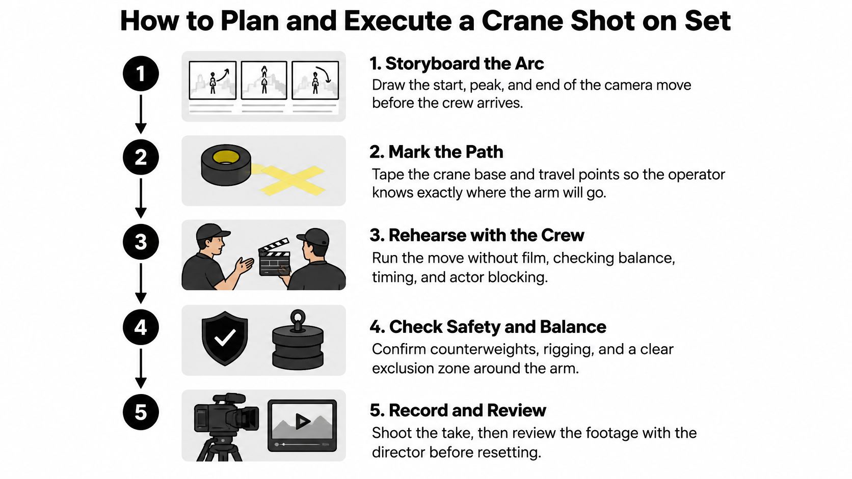 A numbered list infographic titled How to Plan and Execute a Crane Shot on Film Set.