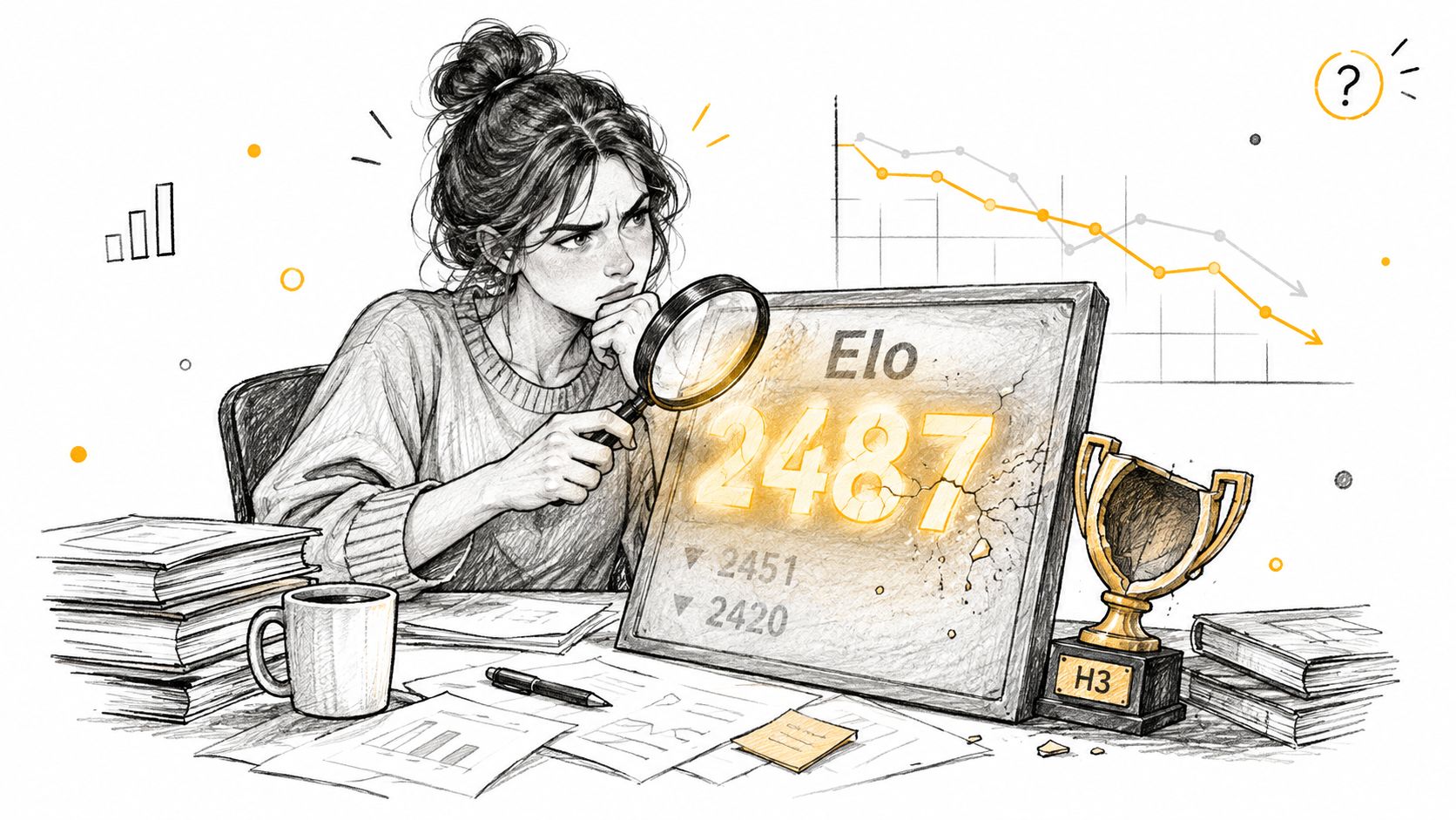 A sketched woman analyzing a declining Elo rating score on a computer screen with a trophy nearby.