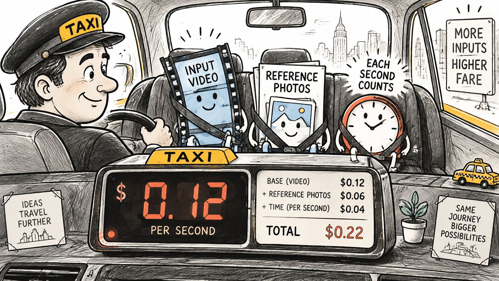 A whimsical cartoon of a taxi driver with AI-themed passengers representing video, photos, and time pricing.