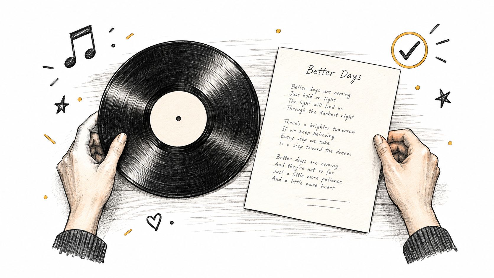 A hand-drawn illustration showing hands holding a vinyl record next to lyrics titled Better Days.