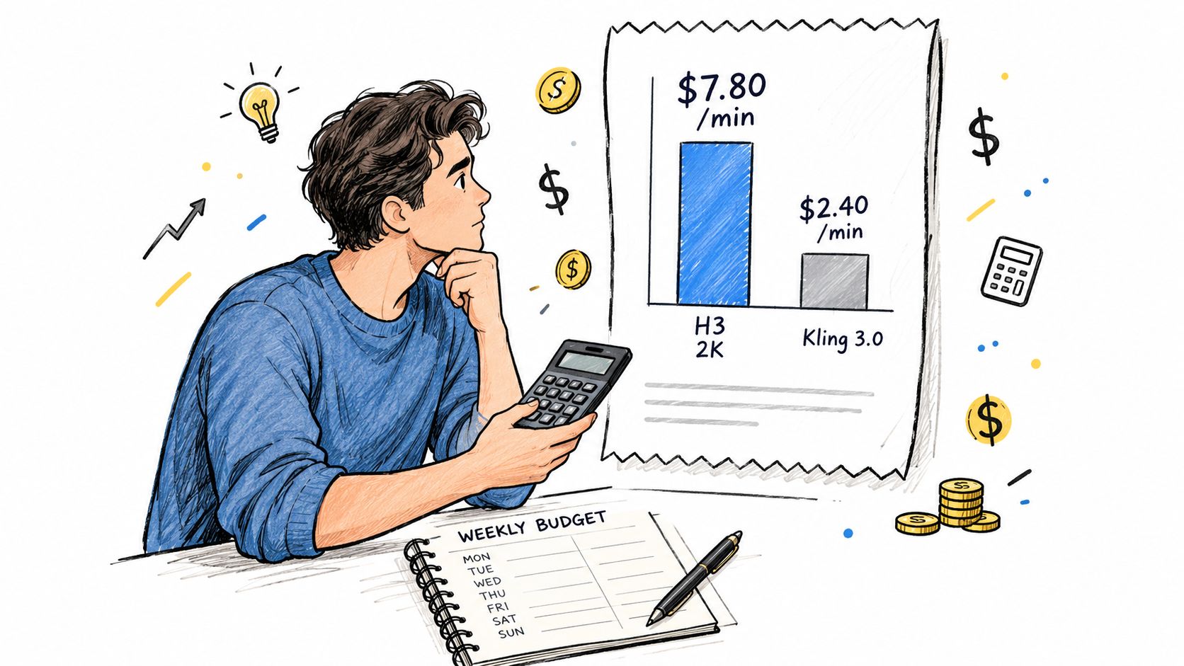 A young man sitting at a desk with a calculator comparing cost per minute rates of two AI models.