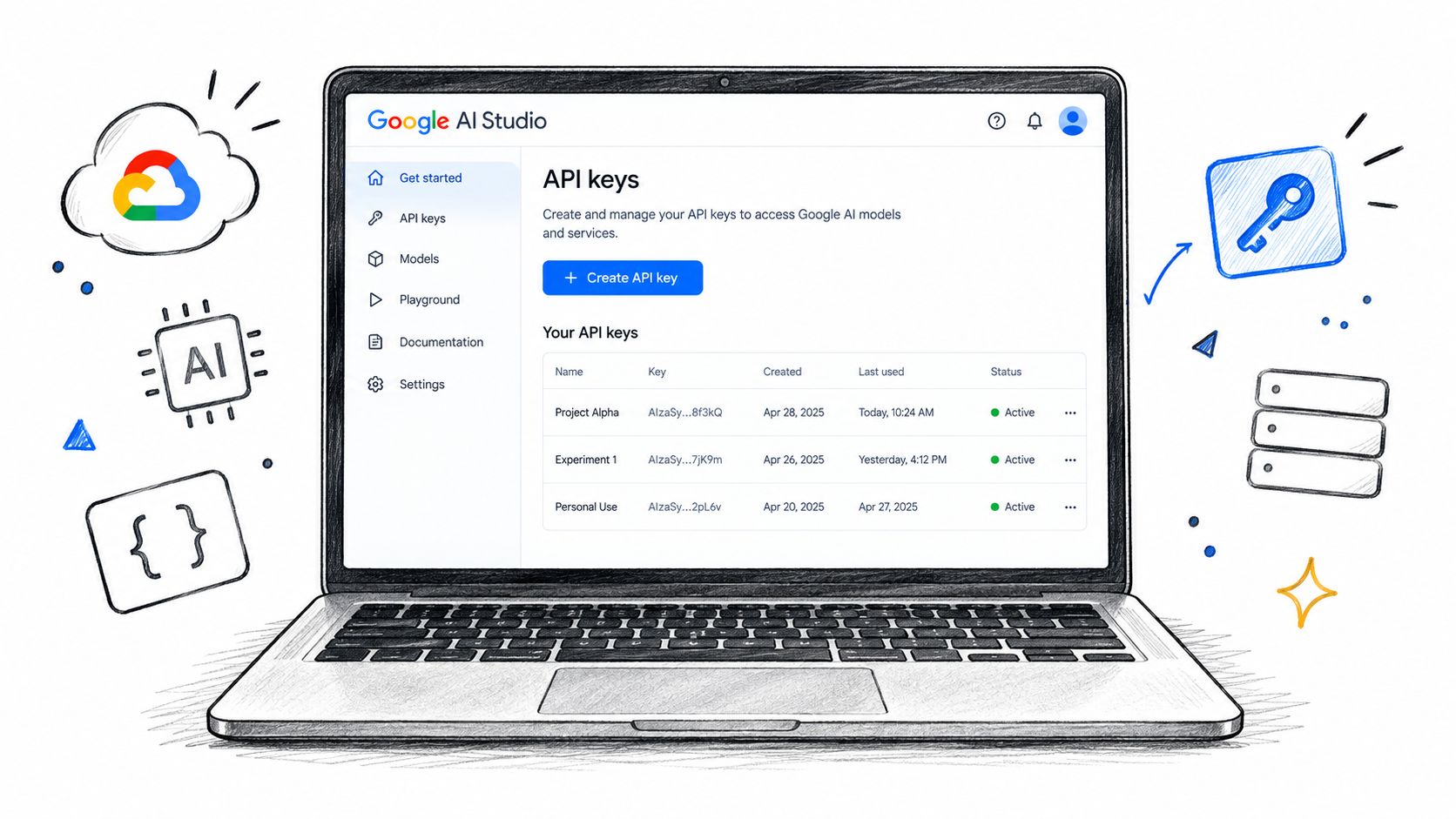 A digital illustration of a laptop screen showing the Google AI Studio dashboard for managing API keys.