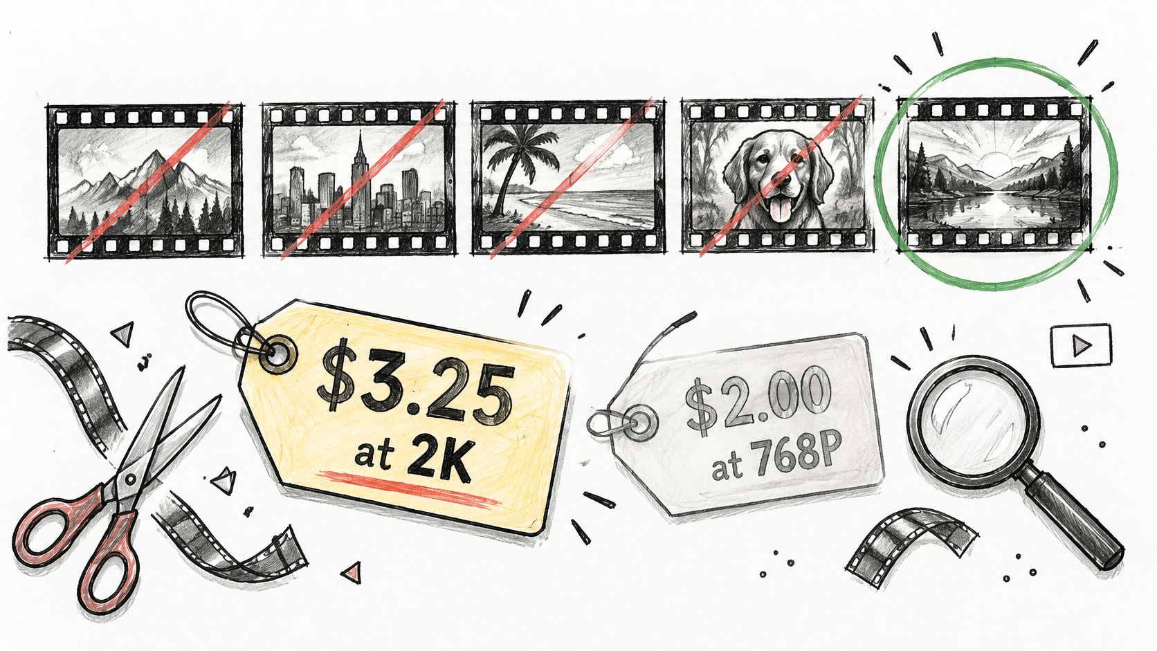 A pencil-style illustration showing film strips and pricing tags for video generation at different resolutions.