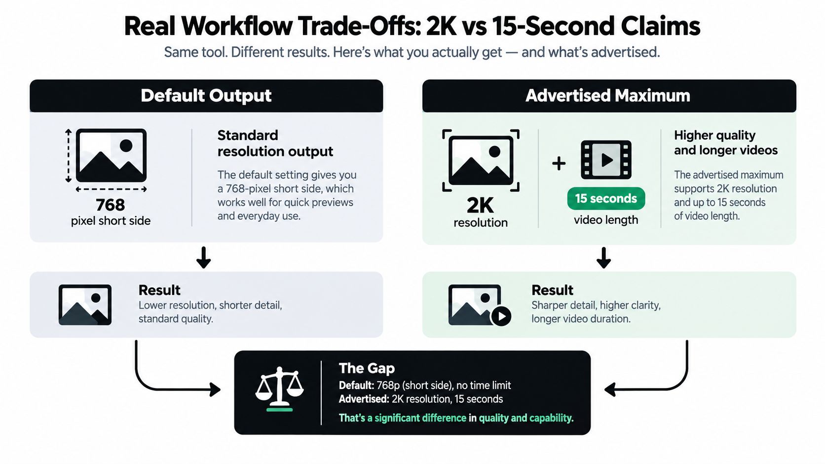 A comparison chart showing trade-offs between default 768p resolution and advertised 2K resolution with 15-second video capabilities.
