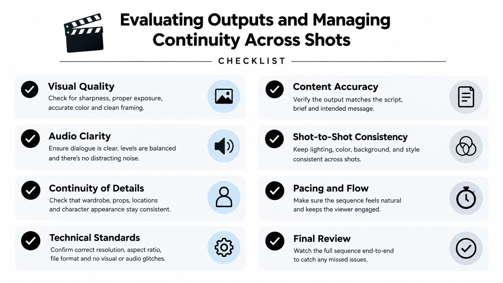 An infographic checklist for evaluating video quality, continuity, consistency, and pacing in professional video production.