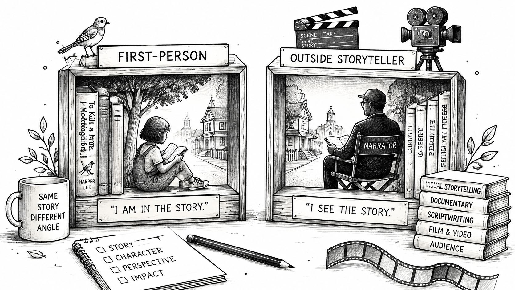 A black and white diagram comparing first-person point of view and outside storyteller perspectives in literature.