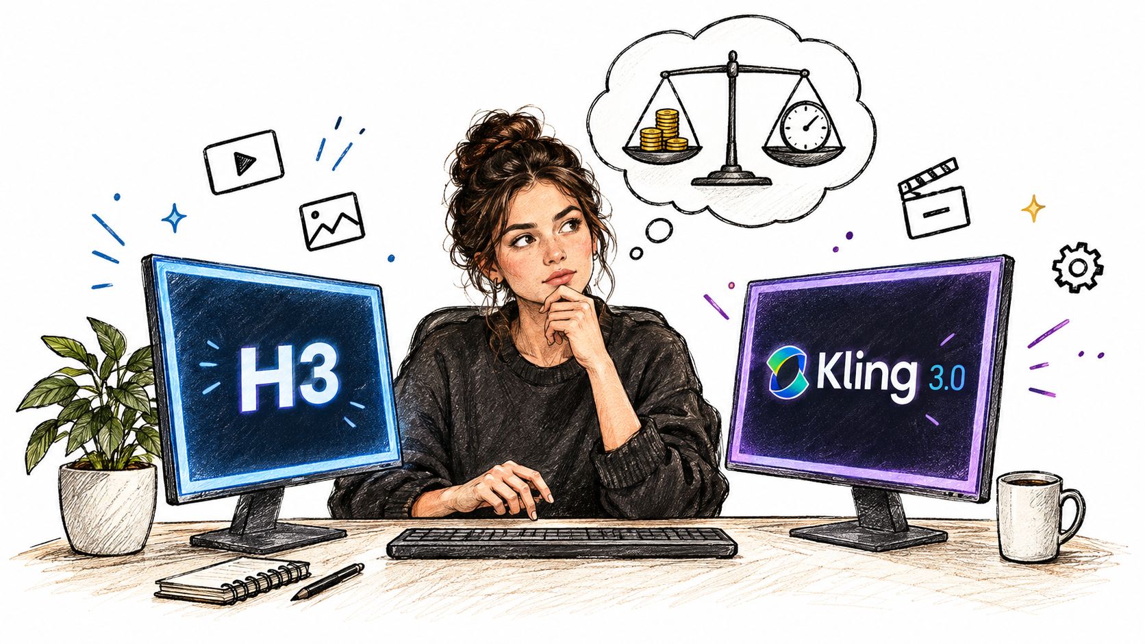 A woman contemplating a choice between H3 and Kling 3.0 video generation models at her desk.