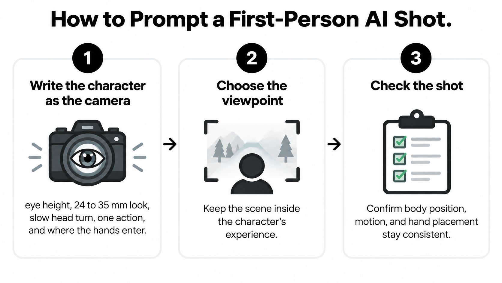 An infographic showing three steps to prompt a first-person perspective for AI-generated video and image shots.