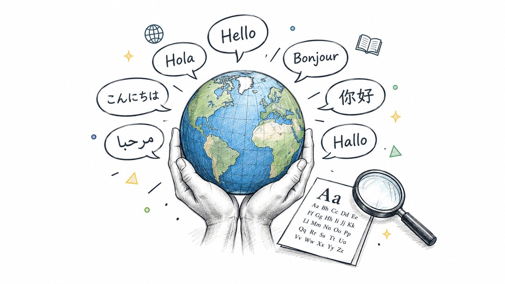 A hand-drawn illustration shows hands cradling a globe surrounded by international greetings in different languages.