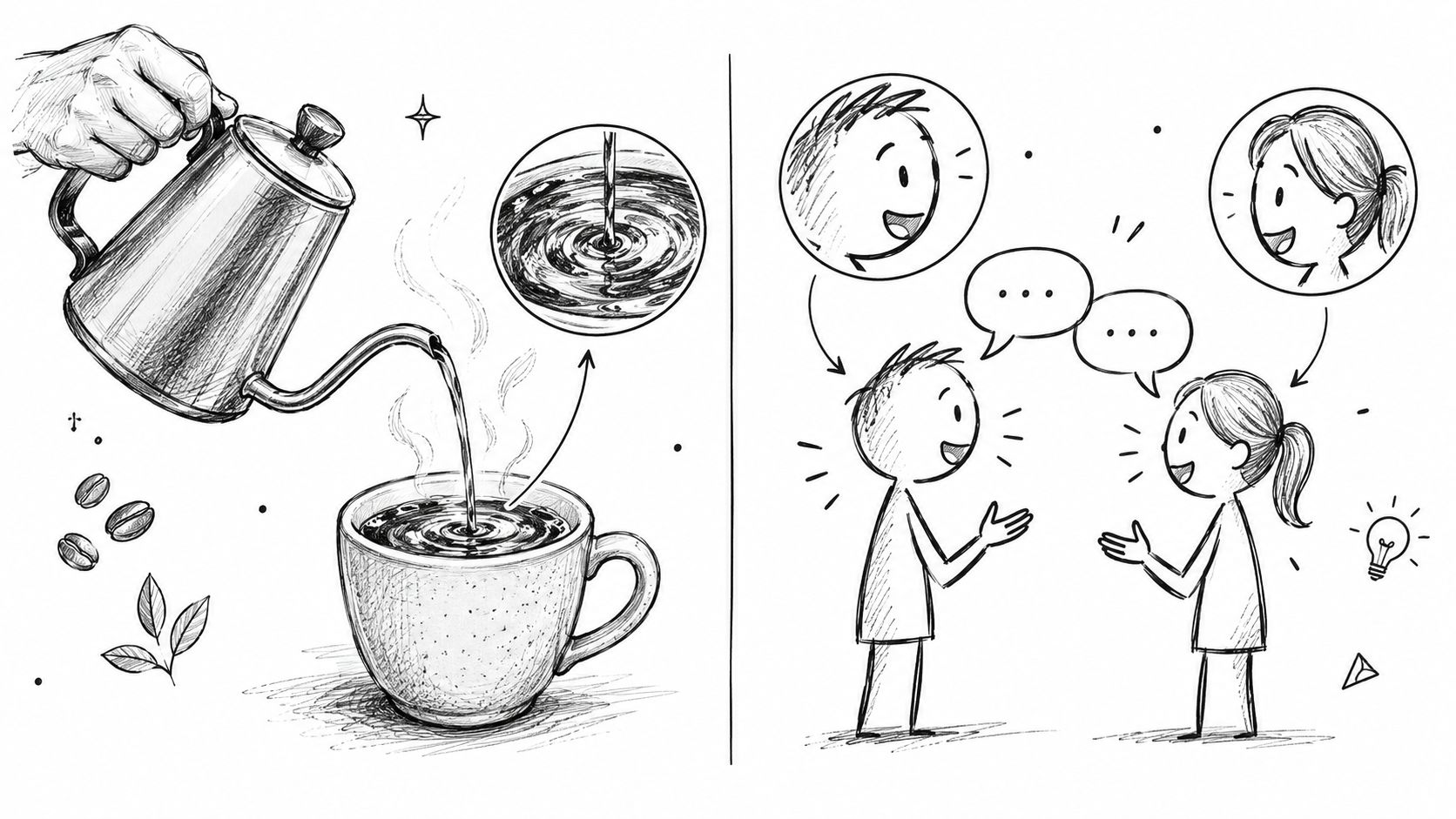 A split-screen illustration showing a hand pouring coffee into a cup and two people talking to each other.