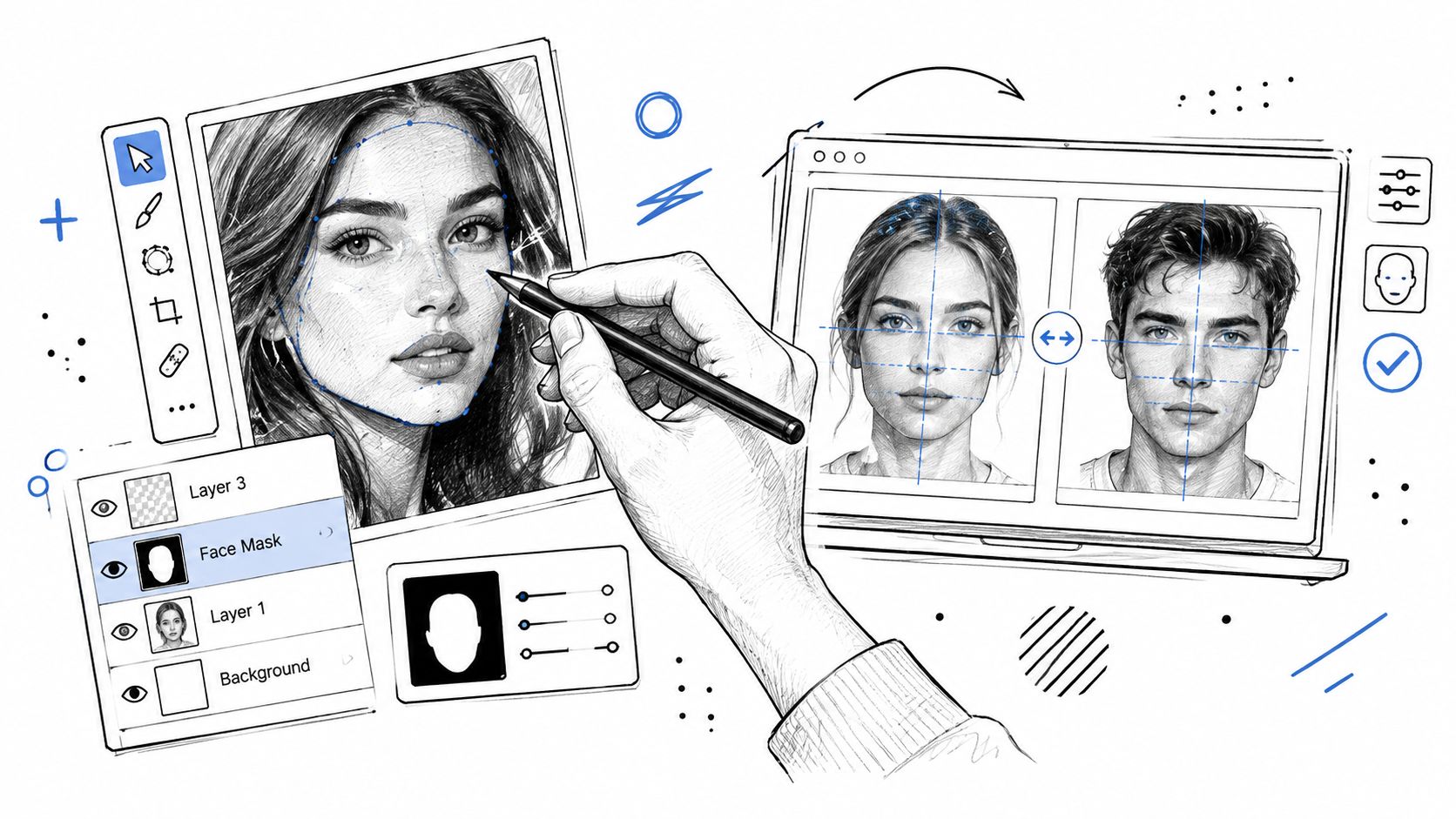 An artist's hand using a digital pen to edit a portrait face mask on a computer screen.