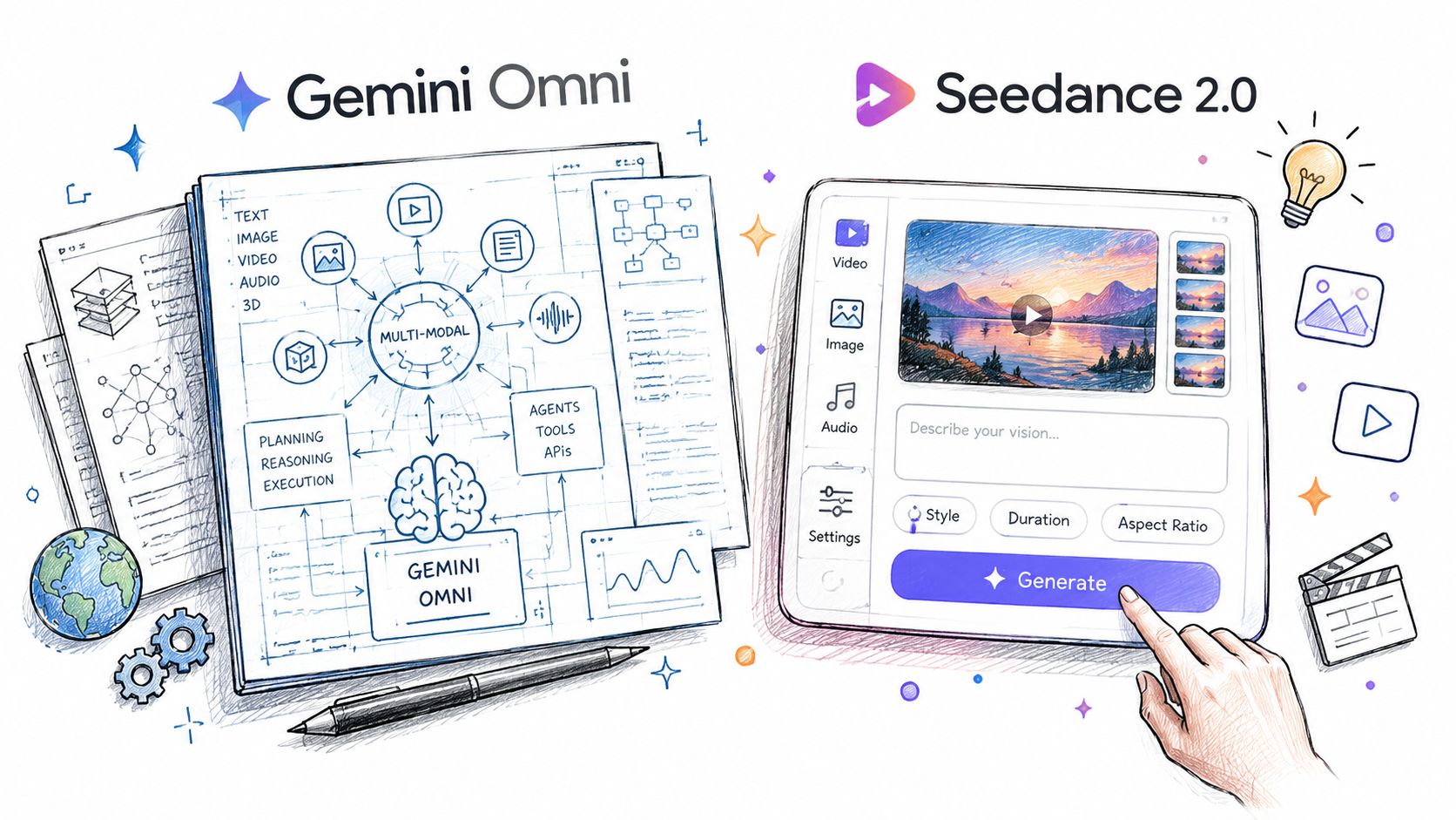 A conceptual illustration comparing the Gemini Omni technical architecture diagram with the Seedance 2.0 user interface.
